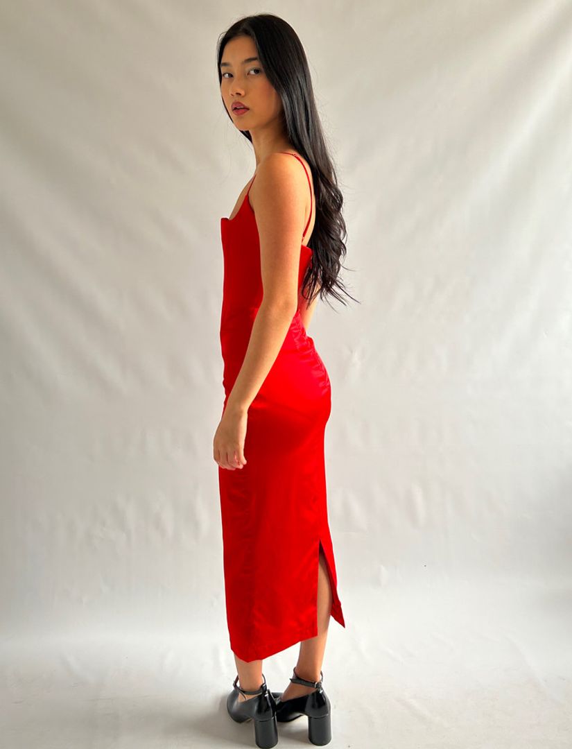 anais satin corset midi dress house of cb House OF CB Women's Red Satin Anais Slim-Fit Midi Dress, Size: 6/8