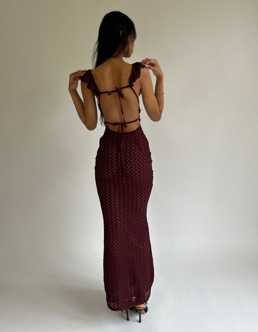 ezra burgundy wrap dress Meshki Ezra Lace Maxi Dress - Plum by Meshki
